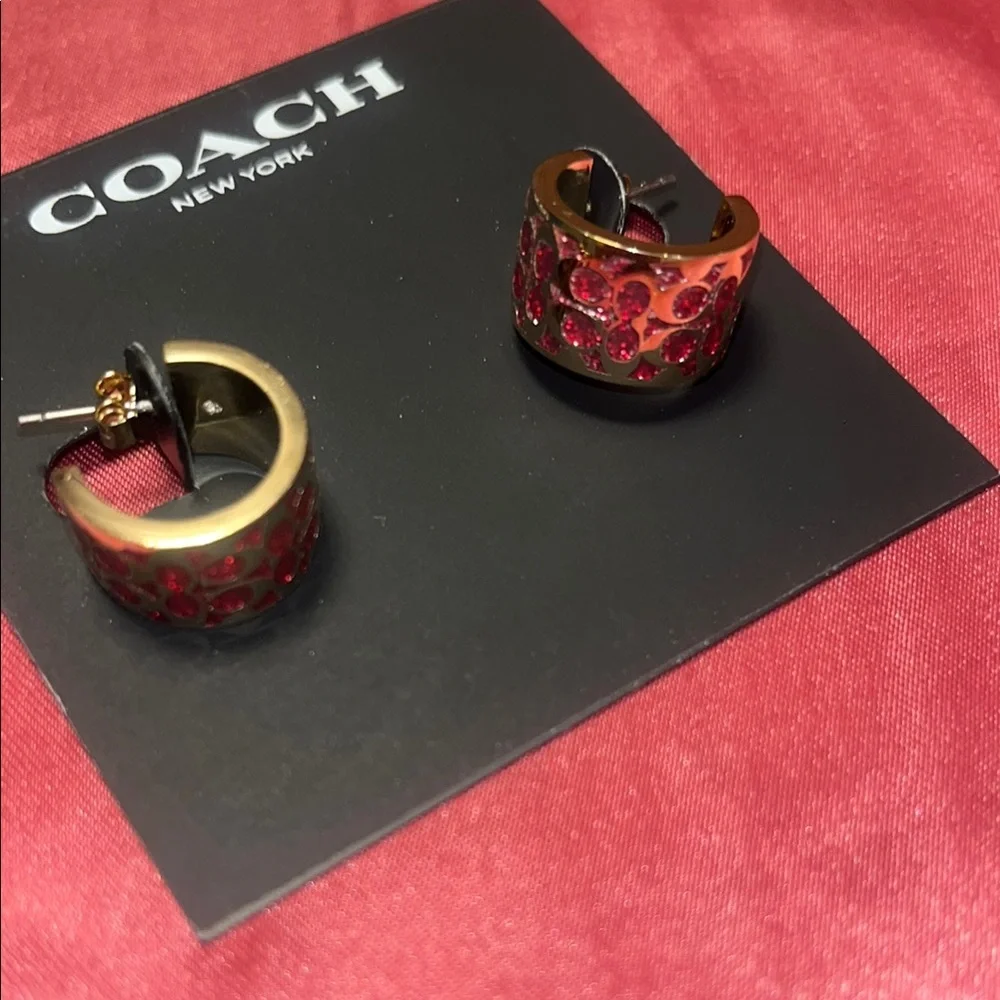 Coach Gold and Red small huggie hoop Earrings - Picture 4 of 6